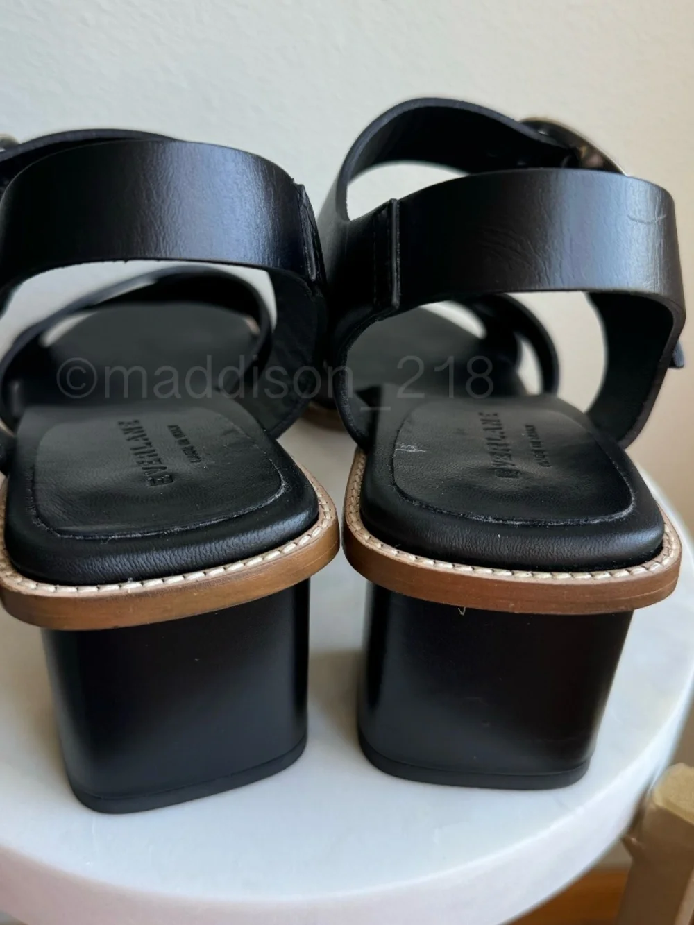 Everlane Leather Buckle Heel Sandals Black size 10 Block Chunky Heel Big Buckle - Picture 13 of 16